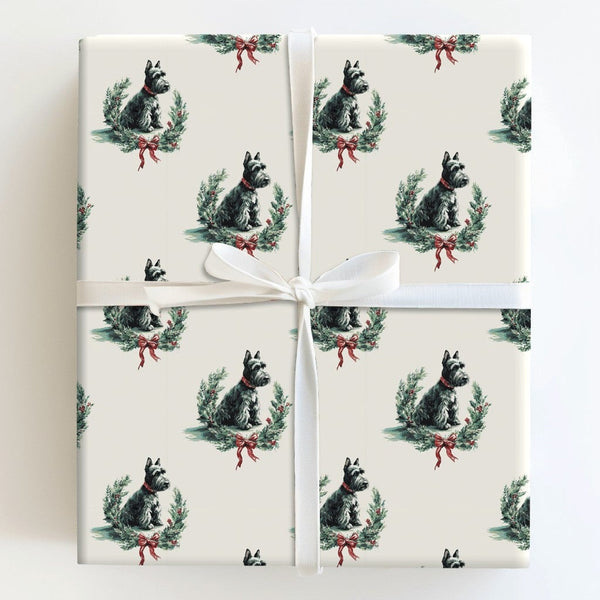 Scottie Dog Wreath Gift Wrap, Scottish Terrier Christmas Wrapping Paper, Adorable Dog Lover Holiday Wrapping Paper, Festive S