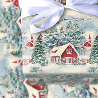 Red Cabin and Church Gift Wrap, Winter Village Christmas Wrapping Paper, Cardinal Bird Holiday Wrapping Paper, Scenic Winter Gift Wrap Roll