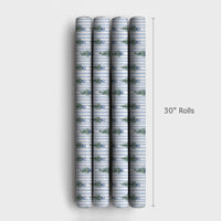 Blue and White Topiary Gift Wrap, Chinoiserie Christmas Tree Wrapping Paper, Grandmillennial Wrapping Paper, Holiday Striped Wrapping Paper