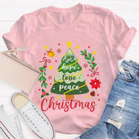 Joy Hope Love Peace Holiday Graphic Tee, Christmas Tree T-Shirt, Retro Xmas Tree Shirt, Festive Holiday Apparel Present