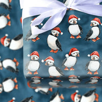 Adorable Santa Hat Bird Gift Wrap, Christmas Puffin Wrapping Paper, Teal Winter Holiday Wrapping Paper, Coastal Nature Lover Holiday Gift Wrap