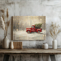 Snowy Winter Forest Canvas Wall Art, Merry Christmas Red Truck Canvas Print, Holiday Farmhouse Canvas Artwork, Festive Xmas Wall Decor