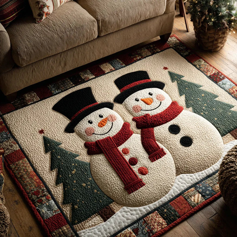 Country Quilt Holiday Rug, Snowman Christmas Couple Area Rug, Winter Xmas Floor Mat, Non Slip Living Room Rug, Festive Decor Present