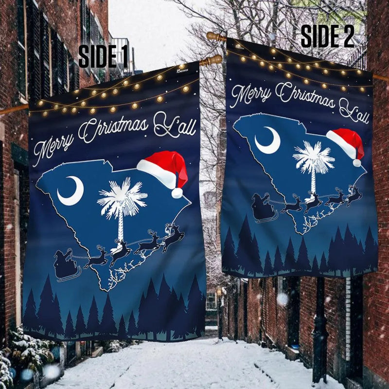 Double-Sided Palmetto Tree Santa Hat Yard Flag, South Carolina Merry Christmas Y'all Garden Flag, Southern Holiday Lawn Flag