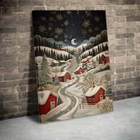 Paper Cut Style Red Houses Landscape Print, Winter Village Snowy Night Canvas Wall Art, Christmas Holiday Decor, Digital Download