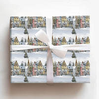 Quaint Holiday Town Gift Wrap, Watercolor Snowy European Village Wrapping Paper, Comfy Christmas Present Wrap, Festive Winter Present Paper Roll