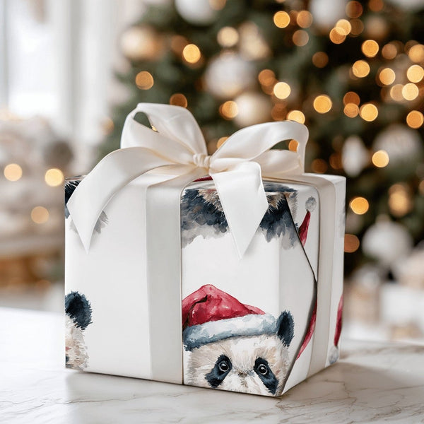 Watercolor Santa Panda Gift Wrap, Panda Christmas Wrapping Paper, Adorable Animal Holiday Wrapping Paper, Festive Winter Wrap