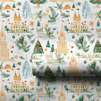 City Skyline Holiday Gift Wrap, Global Landmark Christmas Wrapping Paper, Watercolor Travel Wrapping Paper