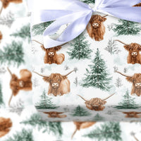 Snowy Pine Christmas Gift Wrap, Highland Cow Wrapping Paper, Scottish Cattle Winter Wrapping Paper, Rustic Farmhouse Holiday Gift Wrap