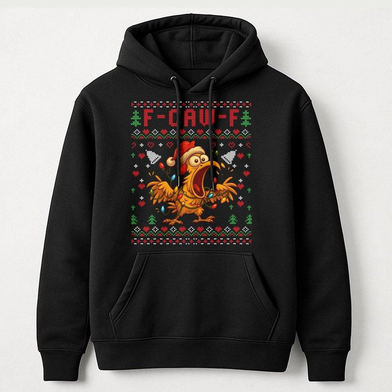 F-Caw-F Poultry Holiday Hoodie, Humorous Chicken Ugly Christmas Hoodie, Retro Chicken Xmas Hoodie, Hilarious Farm Animal Holiday Pullover