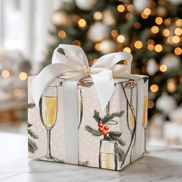 Holly and Pine Holiday Gift Wrap, Champagne Flute Wrapping Paper, New Years Eve Party Wrapping Paper, Christmas Celebration G