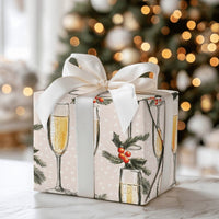 Holly and Pine Holiday Gift Wrap, Champagne Flute Wrapping Paper, New Years Eve Party Wrapping Paper, Christmas Celebration Gift Wrap