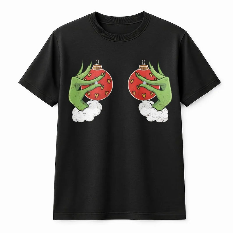Stealing Ornament Graphic Tee, Green Monster Hand Christmas T-Shirt, Sarcastic Holiday Who Stole Xmas Shirt, Festive Movie Villain Tee