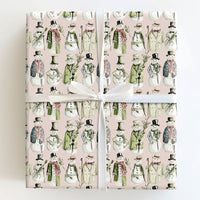 Dapper Winter Holiday Gift Wrap, Vintage Snowman Wrapping Paper, Watercolor Christmas Present Paper, Light Pink Holiday Wrapping Paper Roll