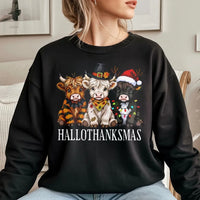 Adorable Holiday Crewneck, Highland Cow Christmas Sweatshirt, Festive Hallothanksmas Sweatshirt, Humorous Winter Pullover, Animal Lover Xmas Present
