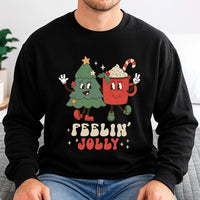 Retro Holiday Tree Sweatshirt, Feelin' Jolly Christmas Sweatshirt, Adorable Hot Cocoa Graphic Crewneck, Vintage Christmas Sweatshirt, Xmas Present