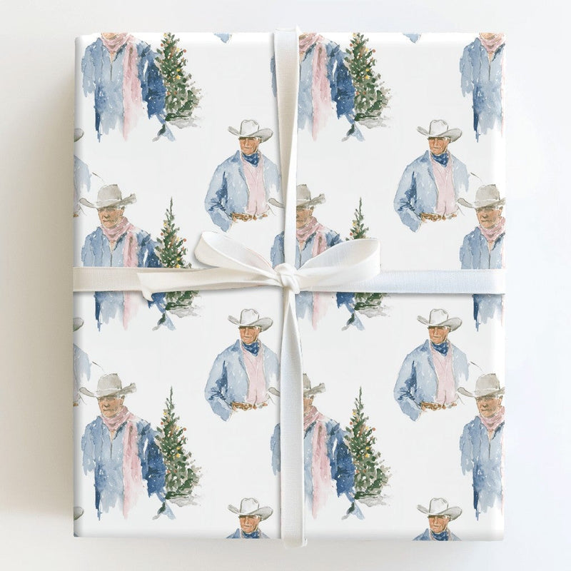 Western Holiday Gift Wrap, Cowboy with Christmas Tree Wrapping Paper, Watercolor Rustic Christmas Wrapping Paper, Country Gift Wrap Roll