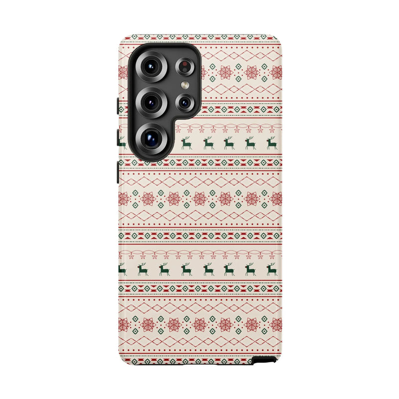 Snowflake Holiday Pattern Cover, Christmas Fair Isle Reindeer Phone Case, Festive Winter Phone Case, Dual Layer Polycarbonate Samsung Case