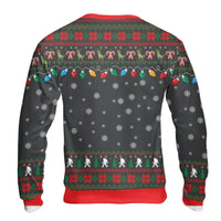 Humorous Sasquatch Dinosaur Holiday Sweater, Bigfoot Riding T-Rex Ugly Christmas Sweatshirt, Cryptid Xmas Crewneck, Humorous Pullover