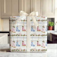Fireplace Mantel Gift Wrap, Ice Skate Christmas Wrapping Paper, Watercolor Winter Skater Wrapping Paper, Holiday Gift Wrap Roll