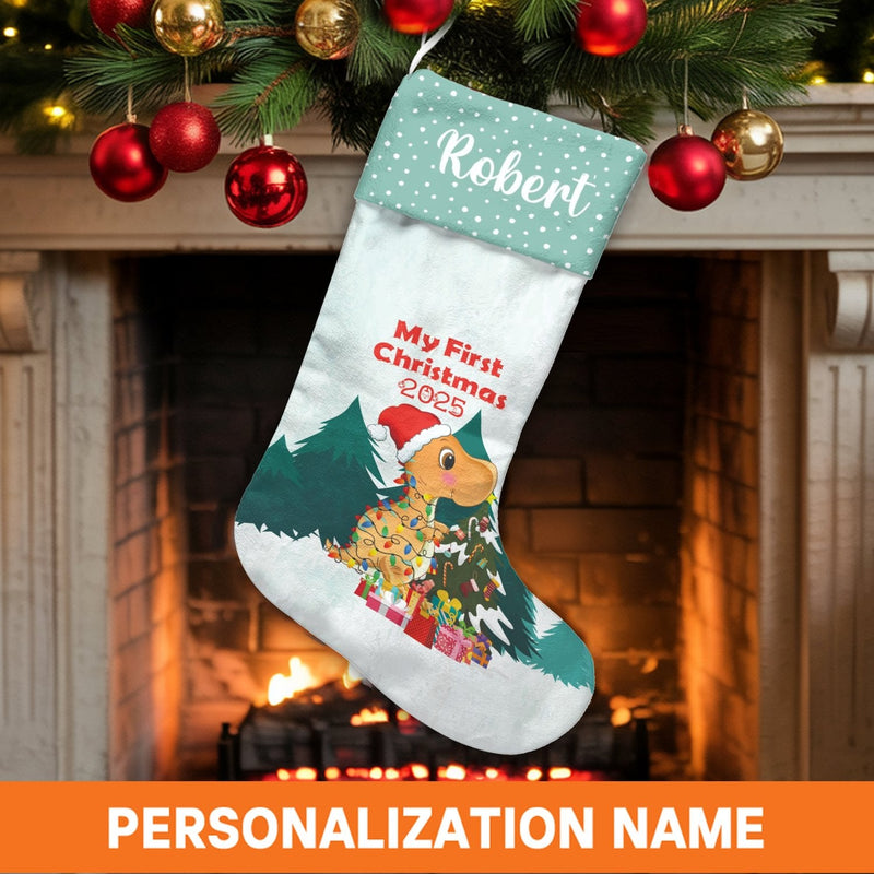 First Christmas 2025 Baby Stocking, Dinosaur Christmas Stocking, Personalized Holiday Stocking, Custom Name Stocking, Xmas Keepsake Present