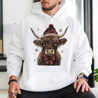 Western Santa Hat Cow Sweatshirt, Christmas Highland Cow Hoodie, Adorable Holiday Cow Hooded Pullover, Festive Winter Cow Graphic Hoodie