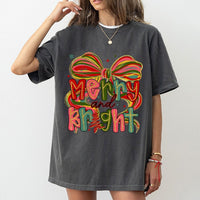 Preppy Coquette Christmas Shirt, Merry and Bright Christmas T-Shirt, Retro Holiday Graphic Tee, Adorable Festive Christmas T-Shirt, Present for Her