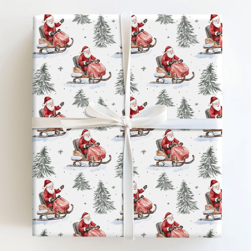 Watercolor Winter Sports Gift Wrap, Santa on Snowmobile Wrapping Paper, Red Vintage Santa Wrapping Paper, Christmas Present Paper