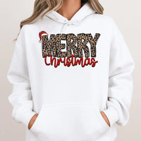 Festive Santa Hat Graphic Sweatshirt, Merry Christmas Leopard Print Hoodie, Adorable Cheetah Holiday Pullover, Winter Hooded Sweater