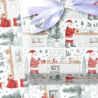 Watercolor Santa in Kitchen Gift Wrap, Baking Santa Wrapping Paper, Christmas Cookie Baker Holiday Paper