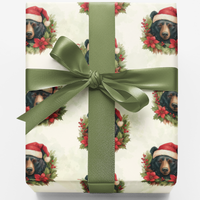 Black Bear Christmas Gift Wrap, Festive Bear Wreath Wrapping Paper, Watercolor Woodland Animal Paper Roll, Rustic Holiday Gift Wrap