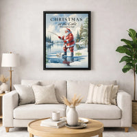 Santa Ice Fishing Winter Scene Wall Art, Christmas at the Lake Canvas Print, Rustic Holiday Cabin Canvas Decor, Festive Christmas Woods Present