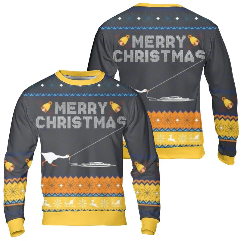 Humorous Goose Winter Sweater, Goose Ice Fishing Ugly Christmas Sweatshirt, Ice Fishing Christmas Crewneck, Holiday Goose Fishing Sweatshirt
