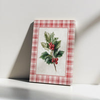 Botanical Red Plaid Watercolor Print, Christmas Holly Canvas Wall Art, Farmhouse Holiday Wall Decor, Digital Download Poster