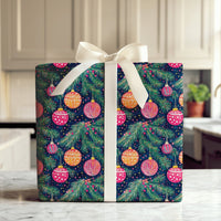 Navy Pine Branch Gift Wrap, Watercolor Ornament Christmas Wrapping Paper, Colorful Bauble Wrapping Paper, Festive Holiday Wrapping Paper