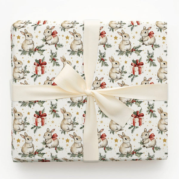 Watercolor Rabbit Gift Wrap, Bunny Christmas Wrapping Paper, Woodland Animal Wrapping Paper, Holiday Holly Gift Wrap, Xmas Pr