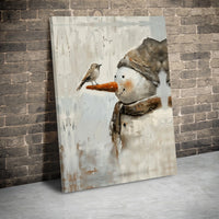 Adorable Winter Bird Canvas Print, Whimsical Snowman Canvas Wall Art, Holiday Snowman Canvas Art, Festive Farmhouse Wall Decor, Christmas Present