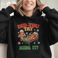 Humorous Gingerbread Nurse Christmas Hooded Sweatshirt, Did You Try Icing It? Hoodie, Medical Hospital RN Holiday Pullover Present