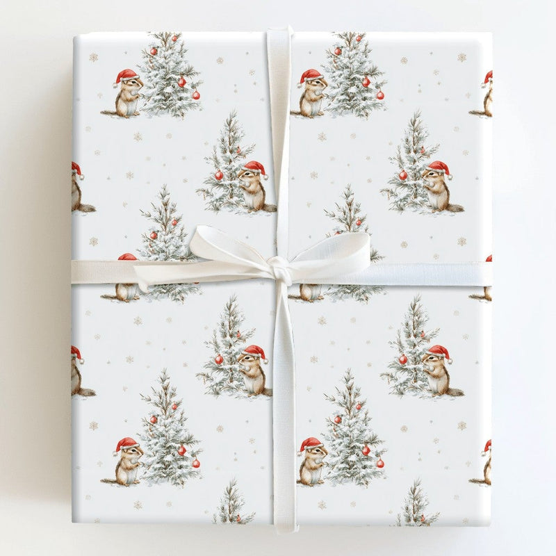 Watercolor Santa Hat Gift Wrap, Christmas Chipmunk Wrapping Paper, Adorable Woodland Animal Holiday Paper, Festive Xmas Gift Wrapping Roll
