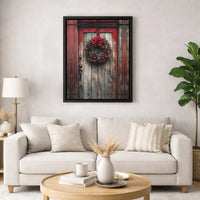 Red Wreath Farmhouse Canvas Print, Rustic Christmas Door Canvas Wall Art, Winter Holiday Decor Canvas, Country Xmas Wall Art Present