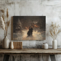Romantic Snowy Evening Oil Painting Art, Victorian Winter Couple Canvas Print, Comfy Christmas Scene Canvas, Holiday Winter Wall Decor