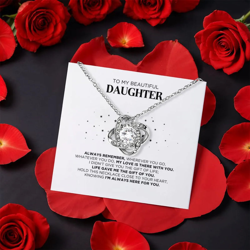 Cubic Zirconia Love Knot Necklace, Daughter Love Knot Necklace, Gold Finish Pendant Necklace, Christmas Present for Daughter, Birthday Present