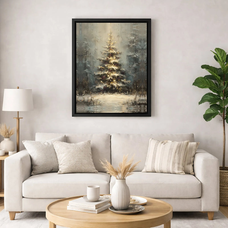 Snowy Winter Forest Landscape Poster, Glowing Christmas Tree Canvas Wall Art, Oil Painting Xmas Canvas Print, Digital Download Decor