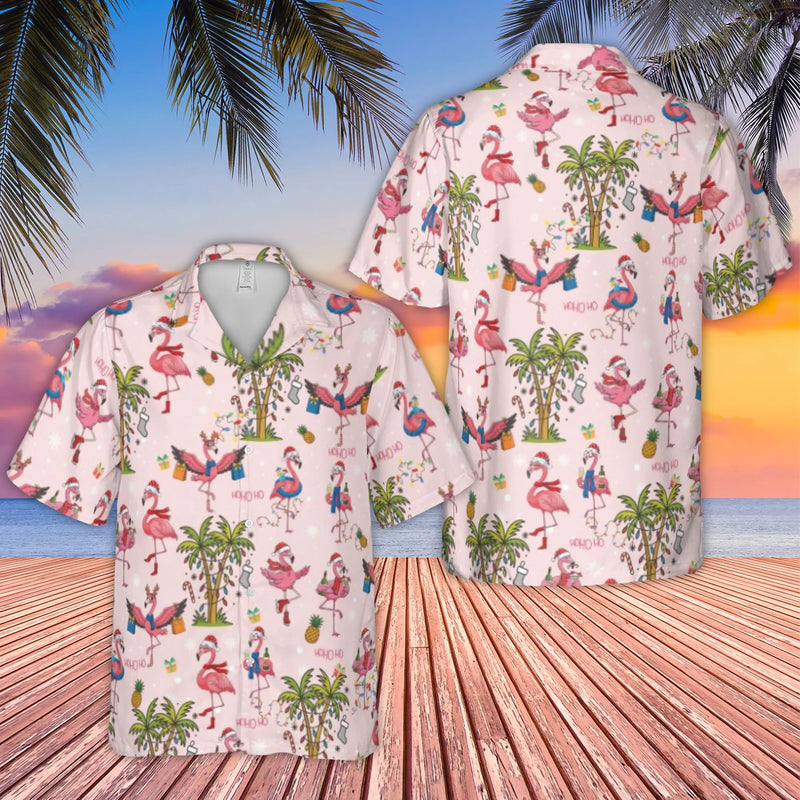 Palm Tree Flamingo Hawaiian Shirt, Christmas Flamingo Hawaiian Shirt, Festive Holiday Island Shirt, Tropical Xmas Shirt, Beach Lover Present