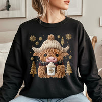 Winter Cow Coffee Sweatshirt, Highland Cow Christmas Sweatshirt, Festive Animal Holiday Sweatshirt, Xmas Cow Lover Crewneck, Winter Present