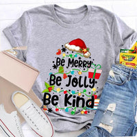 Santa Hat Fairy Lights Graphic Tee, Be Merry Be Jolly Be Kind Christmas T-Shirt, Holiday Family Shirt, Xmas Party Top