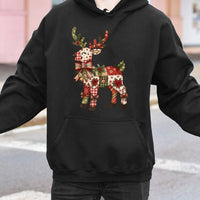 Festive Patchwork Holiday Sweatshirt, Christmas Reindeer Hoodie, Adorable Winter Deer Graphic Hooded Pullover, Comfy Xmas Season Hoodie Present