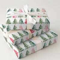 Red and Pink Holiday Gift Wrap, Watercolor Christmas Tree Wrapping Paper, Artistic Winter Tree Wrapping Paper, Festive Xmas Wrapping Paper