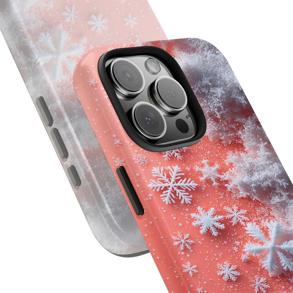 Winter Crystal Tough Phone Case, Frosted Snowflake Pink iPhone Phone Case, Aesthetic Holiday Christmas Dual Layer iPhone Case