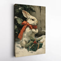 Winter Bunny Red Bow Holly Canvas Print, Vintage Christmas Rabbit Canvas, Rustic Holiday Bunny Wall Art, Farmhouse Xmas Decor Present